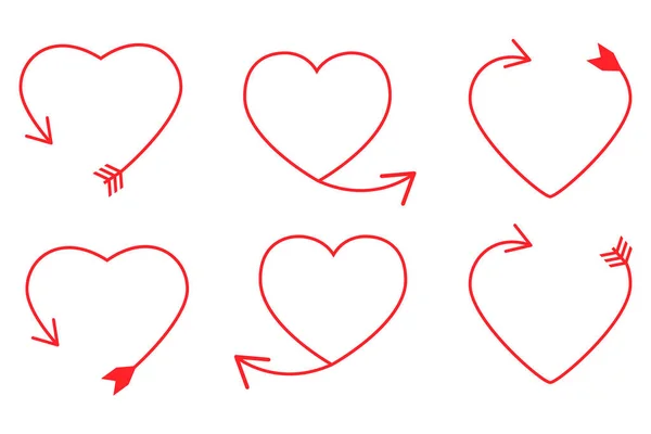 Flechas Vectoriales Dibujadas Mano Conjunto Seis Corazones Rojos Con Flechas — Vector de stock