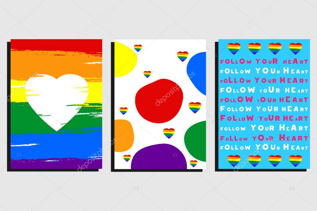 Set of three LGBT postcards for Valentine's day. Bright and colored vector illustration. Can be used for festive postcards design, packages, wallpapers, decorations, stickers and prints.