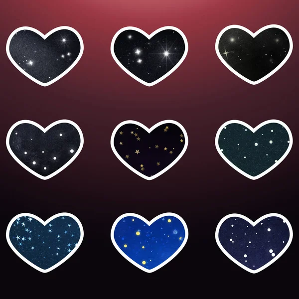 Set of heart shaped stickers. Dark blue hearts with space, stars and night sky illustration. For prints, sticker design, festive postcards design, icons, avatars, packages, wallpapers, decorations