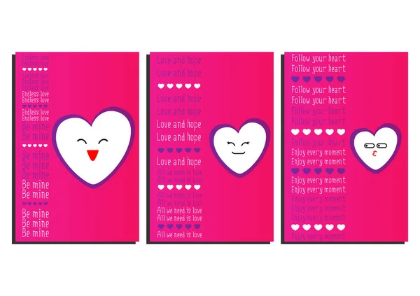 Σετ Τρεις Ροζ Και Μωβ Κάρτες Του Αγίου Βαλεντίνου Καρδιές — Διανυσματικό Αρχείο