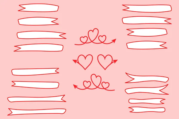 Ensemble Rubans Blancs Étiquettes Coeurs Rouges Avec Flèches Cadres Flans — Image vectorielle