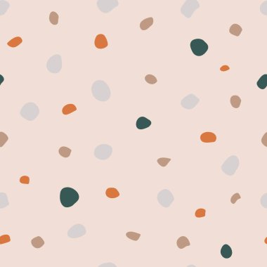 Çok renkli oval lekeleri olan kusursuz bir desen. Bej, turuncu, yeşil taşlar, mozaik ve terrazzo dokusu. Dekor, tekstil, kumaş, ambalaj, ambalaj kağıdı, duvar kağıdı, tasarım, pankart, şablon için