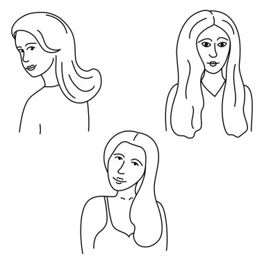 Uzun saçlı kadınlar. Çizimler ve karalamalar. Tasarım, avatarlar, simgeler, çıkartmalar, blog illüstrasyonları, tekstil, ambalaj, ambalaj kağıdı için kullanılabilir.