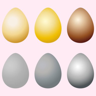 Altın ve gümüş yumurta seti. Mutlu Paskalya kartları, dekor, tekstil, kumaş, ambalaj, ambalaj kağıdı, pankart, şablon tasarımı için gri ve altın gradyan renklerine sahip vektör çizimi