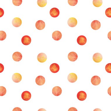 Kırmızı, turuncu ve sarı renklerde benekli kusursuz suluboya deseni. Duvar kağıtları, desen, arkaplan, baskı, dekor, tasarım, doku, tekstil, kumaş, şablon