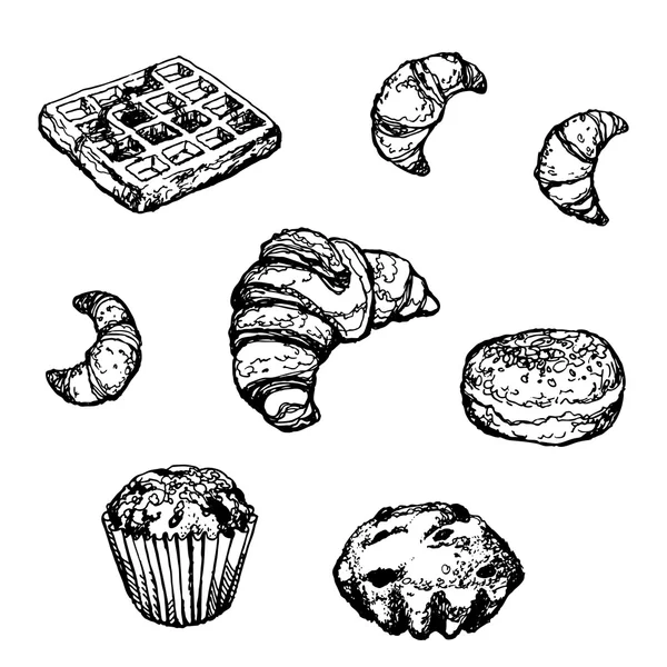 Set Torta de Donut Croissant de panadería dibujada a mano Vector de stock