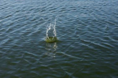 Su damlası, koyu mavi bir zeminde dalgalar ve dalgalanmalar yaratır..
