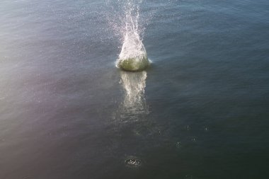 Su damlası, koyu mavi bir zeminde dalgalar ve dalgalanmalar yaratır..