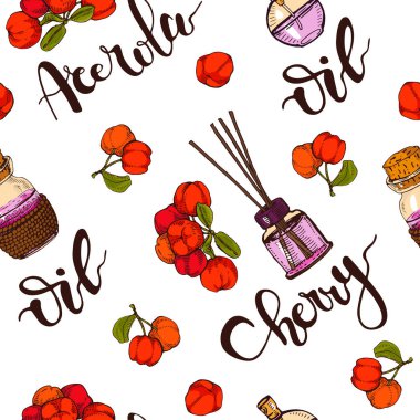 Dal acerola kirazlı, meyveli, çiçekli, yağlı ve aksesuarlı kusursuz patern. Detaylı el çizimleri, vektör botanik çizimler.