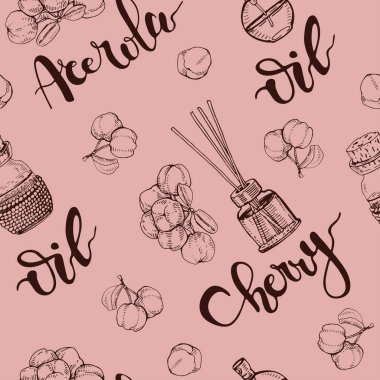 Dal acerola kirazlı, meyveli, çiçekli, yağlı ve aksesuarlı kusursuz patern. Detaylı el çizimleri, vektör botanik çizimler.