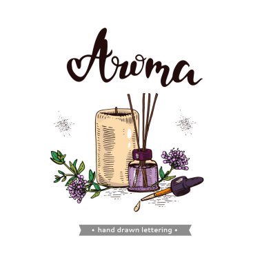 Aromaterapi aksesuarları ve harf Aroma. 