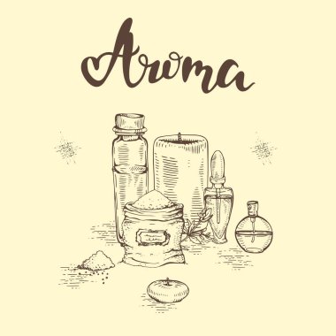Aromaterapi aksesuarları ve harf Aroma. 