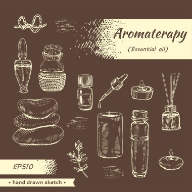 Aromaterapi aksesuarları koleksiyonu. Ayrıntılı el çizimi çizimler