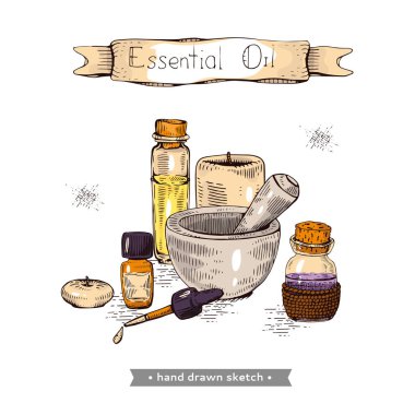 Aromaterapi aksesuarı. Ayrıntılı el çizimi çizimler