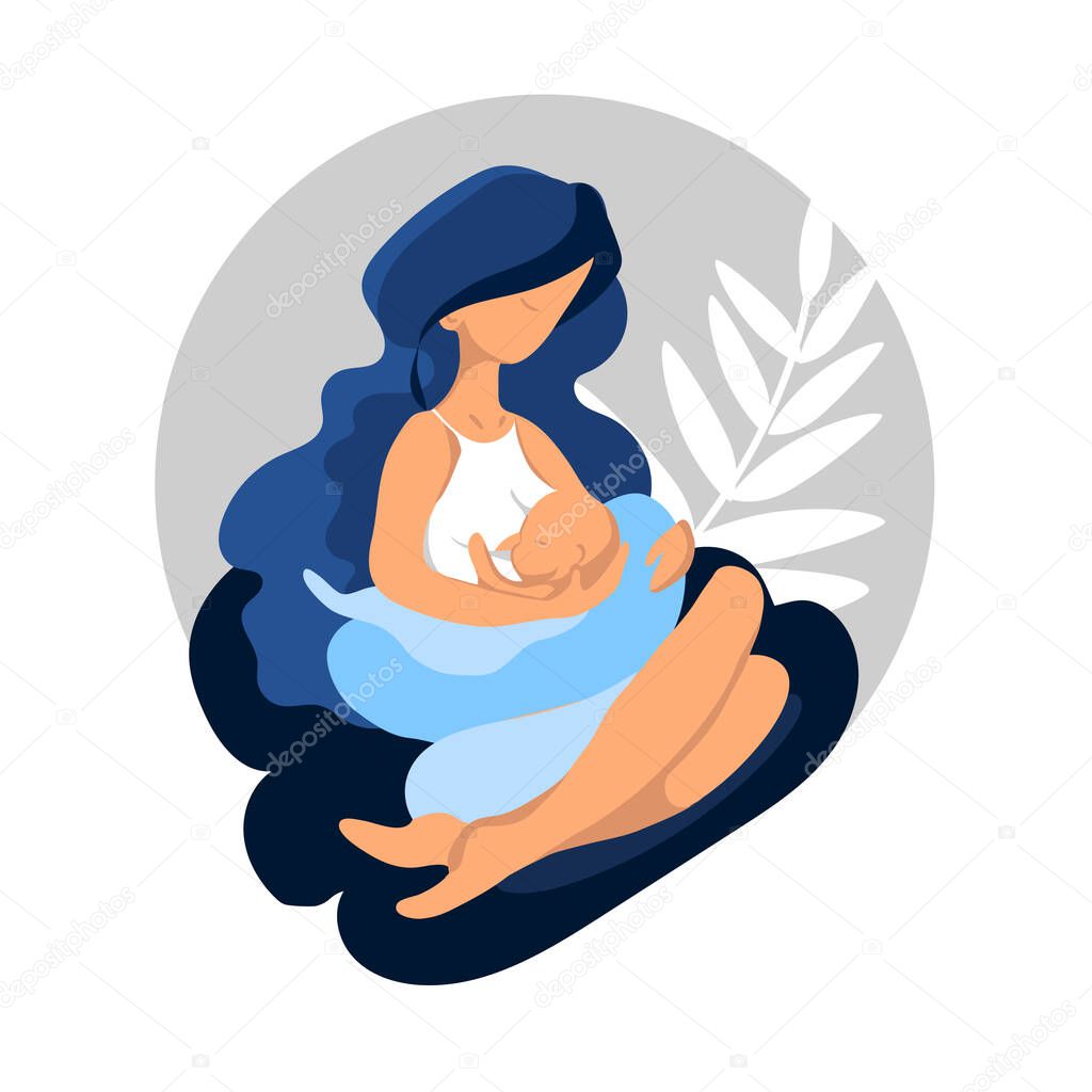 Woman breastfeeding her newborn baby in cross-cradle position. Flat style vector illustration.