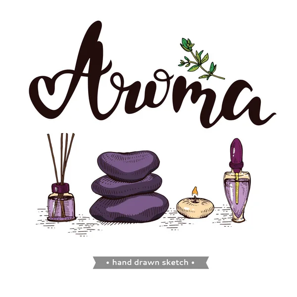 Aromaterapia Acessórios Letras Aroma Desenhos Desenhados Mão Detalhados Ilustração Botânica —  Vetores de Stock