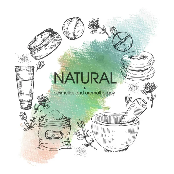 Quadro com acessórios cosméticos naturais . —  Vetores de Stock