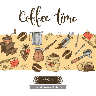 Kahve aletleri ve ekipman illüstrasyonu. Kahve zamanı. El çizimi eskiz. Vektör illüstrasyonu.