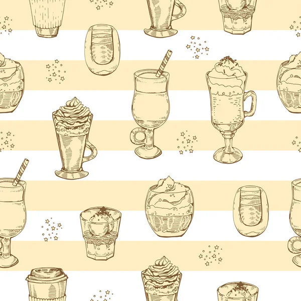 Patrón Sin Costuras Bebidas Café Postres Sobre Fondo Lineal Ilustración — Archivo Imágenes Vectoriales