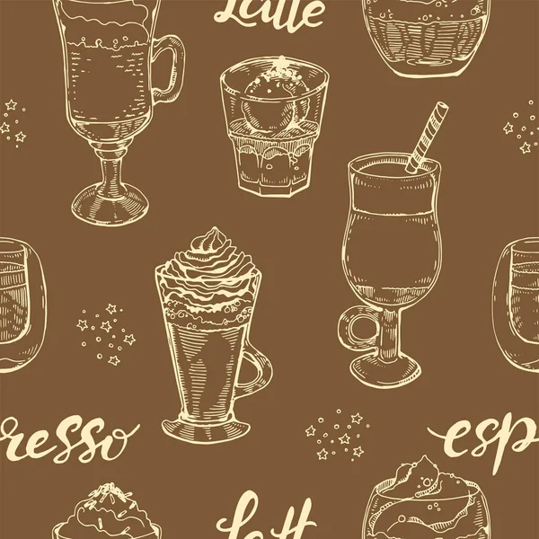 Motif Sans Couture Desserts Boissons Café Latte Expresso Illustration Vectorielle — Image vectorielle