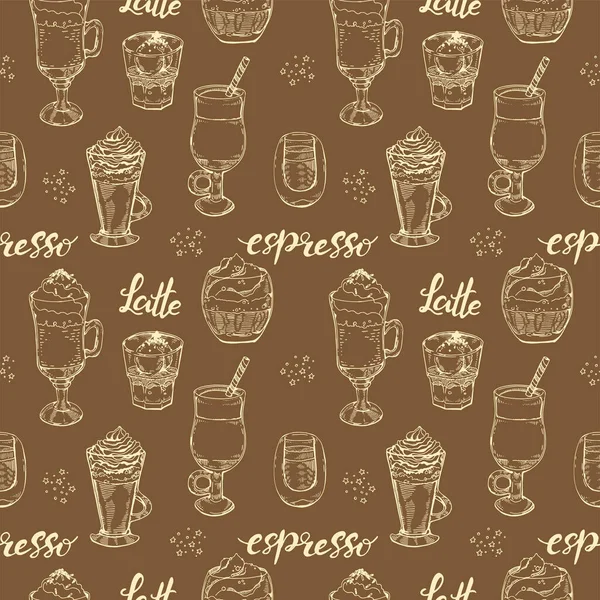 Motif Sans Couture Avec Desserts Boissons Café Latte Expresso Illustration — Image vectorielle