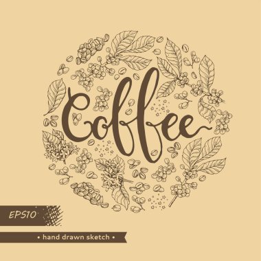 Çember kahve ağacı dalları ve içinde kahve harfleriyle dolu. Doğrusal el çizimi çizimi, tek renkli vektör botanik çizim.