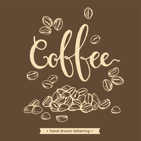 コーヒー豆とレタリングの手描きスケッチ 手描きの線画 モノクロームベクトル植物図 — ストックベクタ