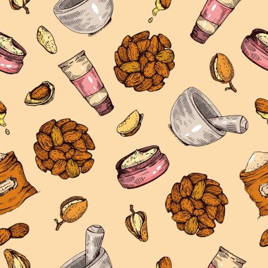 Badem fıstıkları, kozmetik ürünleri ve harçla dolu kusursuz bir desen. Ayrıntılı el çizimi, vektör botanik ve nesne çizimi.