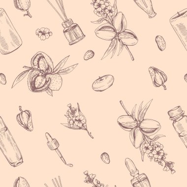 Badem dalları, çiçekler ve parfümlerle dolu kusursuz bir desen. Ayrıntılı el çizimi, vektör botanik ve nesne çizimi.