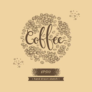 İçinde kahve çekirdekleri ve harfler olan bir daire. Doğrusal el çizimi çizimi, tek renkli vektör botanik çizim.