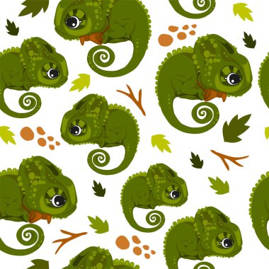 Çizgi film tarzında kusursuz desen, eğlenceli ve çekici bukalemunlu çocuk teması. Sağlam bir arkaplanda ana hatları olmayan vektör illüstrasyonu.