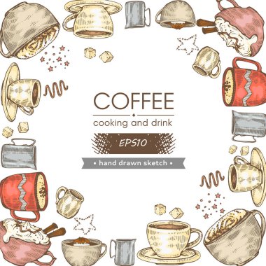 Elle çizilmiş eskiz kahve pişirme ve içecekler, vektör illüstrasyonu.