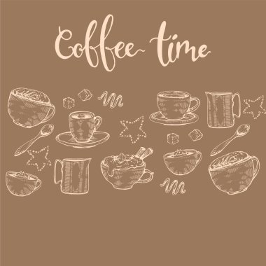 Elle çizilmiş eskiz farklı kahve pişirme ve içecekler, vektör illüstrasyonu.