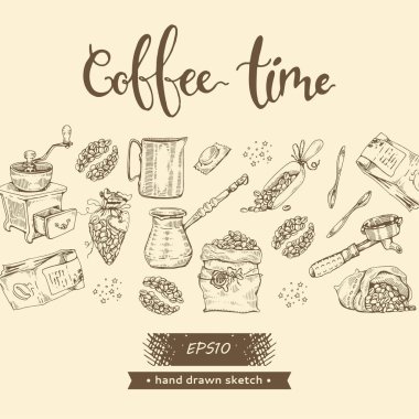 Kahve tohumu ve alet edevat resmi. Kahve zamanı. El çizimi eskiz. Vektör illüstrasyonu.