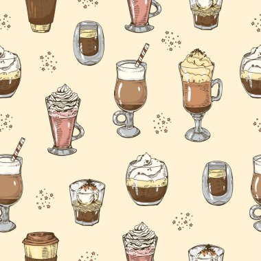 Farklı kahve içeceklerinin kusursuz deseni. El çizimi çizimi, vektör illüstrasyonu.