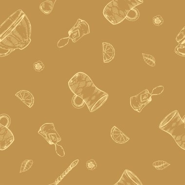 Ayrıntılı elle çizilmiş dikişsiz çay yaprakları ve tabaklar, vektör illüstrasyonu.