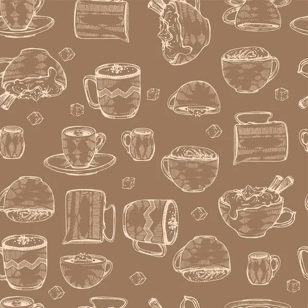 Esquisse Détaillée Tasses Café Desserts Dessinés Main Sur Fond Brun — Image vectorielle