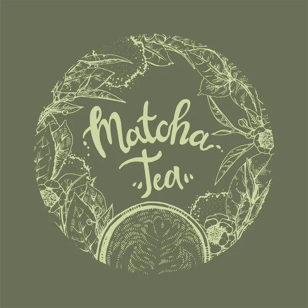 Thé Matcha Feuilles Rond Dessiné Main Emblème Illustration Vectorielle — Image vectorielle