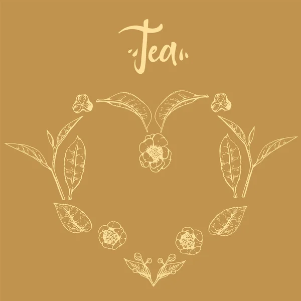 Hand Drawn Sketch Heart Tea Leaves Flowers Vector Illustration — Stock Vector