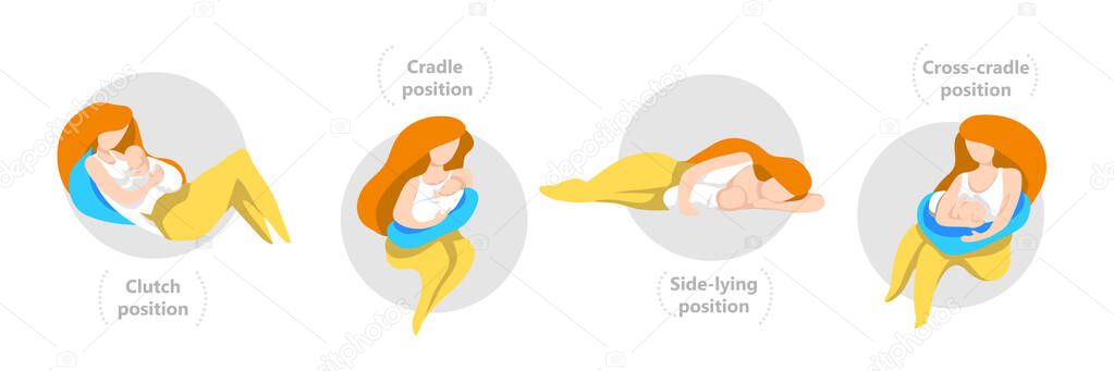 Set of different breastfeeding poses, including cradle, cross-cradle, side-lying and clutch. Flat style vector illustration. vector Set of different breastfeeding poses, including cradle, cross-cradle, side-lying and clutch. Flat style vector illustration. vector