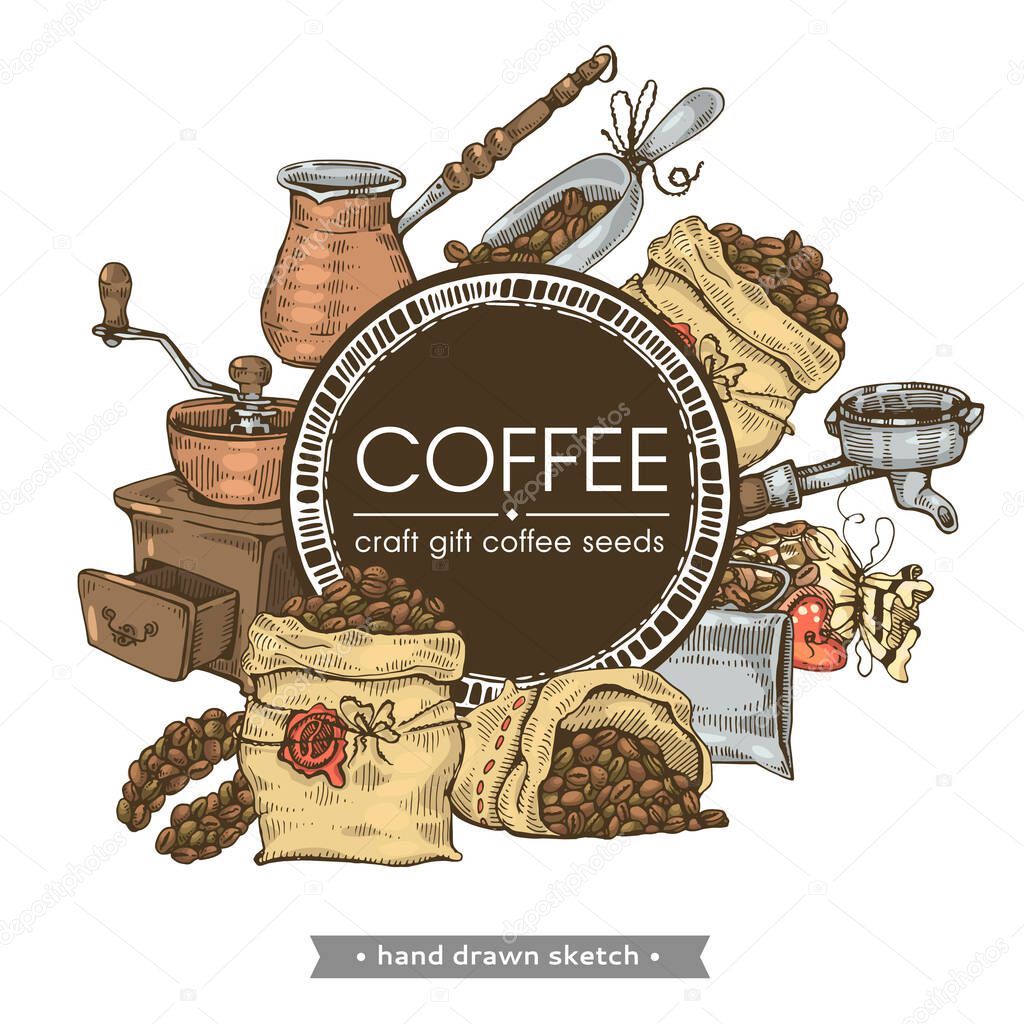 Coffee tools and equipment. Coffee seed, craft, gift. Hand drawn sketch. Vector illustration.
