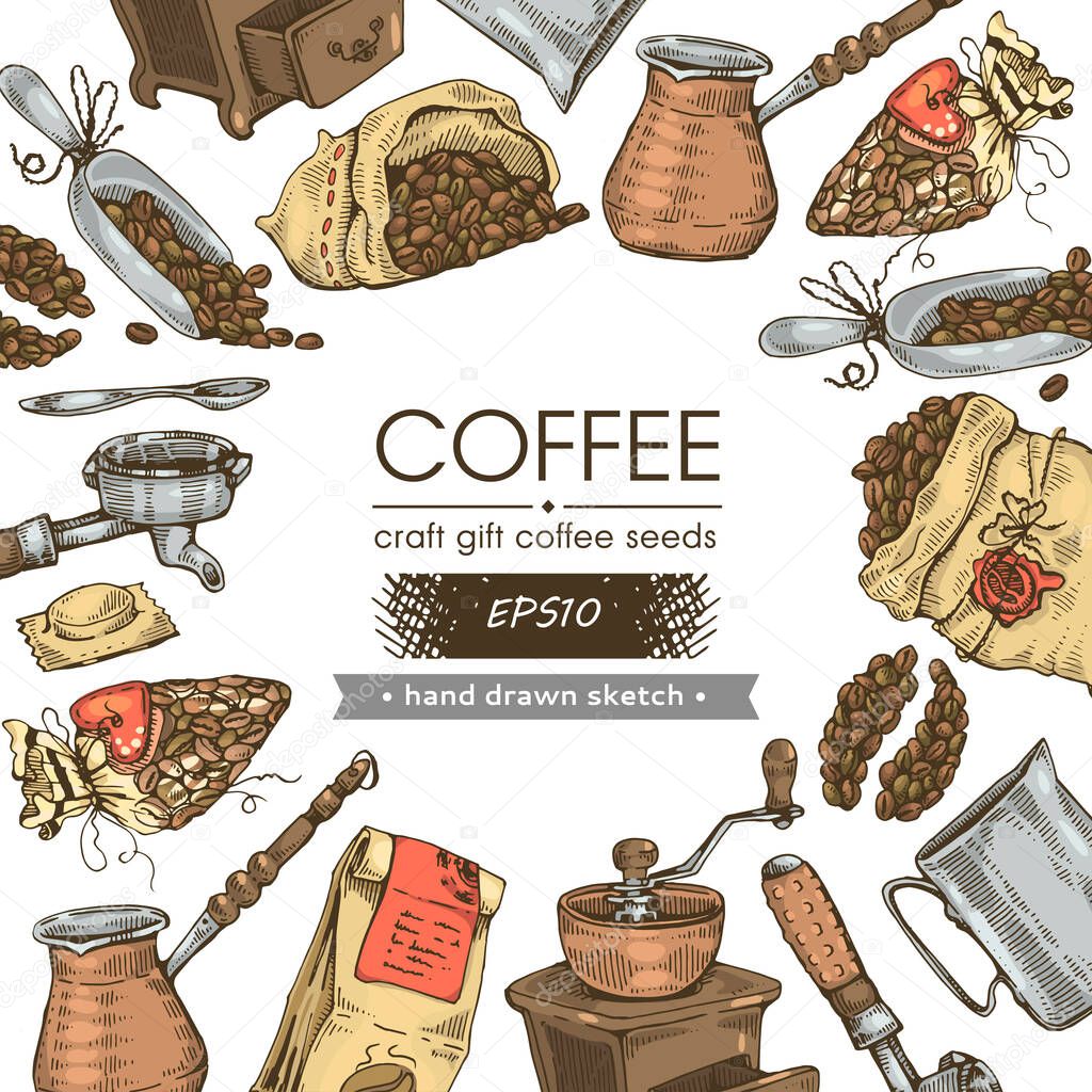Coffee beans. Coffee tools and equipment, craft, gift. Hand drawn and vector illustration.