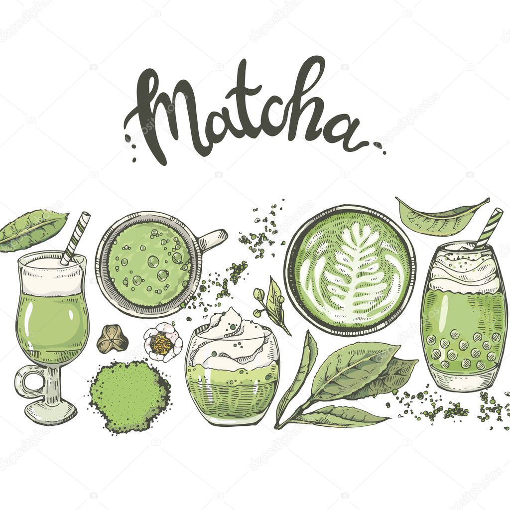 Hand-drawn sketch matcha drinks and desserts, vector ilustration.