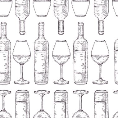 Şarap kadehleri ve şişelerle kusursuz desen. Ayrıntılı el çizimleri, vektör illüstrasyonu.