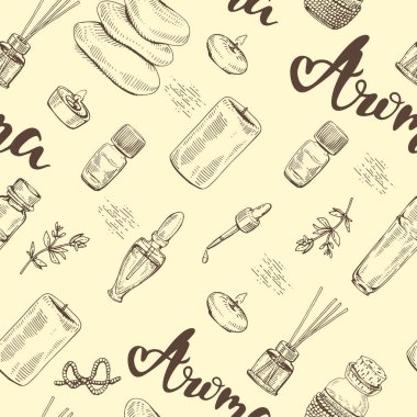 Aromaterapi aksesuarlarıyla kusursuz desen. Detaylı el çizimleri, vektör botanik çizimler.