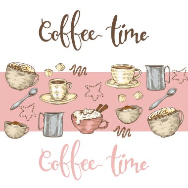 Elle çizilmiş eskiz farklı kahve pişirme ve içecekler, vektör illüstrasyonu.