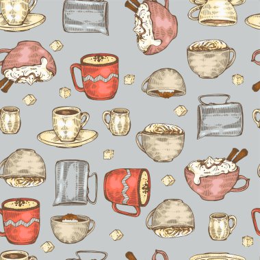 Detaylı el çizimi kahve fincanları ve tatlılar mavi arka planda, vektör illüstrasyonu.