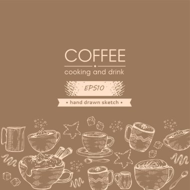Elle çizilmiş eskiz kahve pişirme ve içecekler, vektör illüstrasyonu.