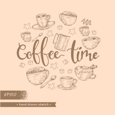 Elle çizilmiş eskiz kahve pişirme ve içecekler, vektör illüstrasyonu.
