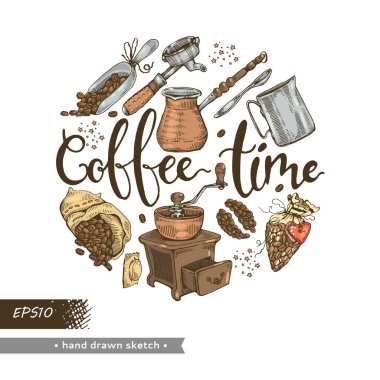 Kahve aletleri ve tahıllar. Kahve zamanı. Ayrıntılı el çizimi çizimi. Vektör illüstrasyonu.